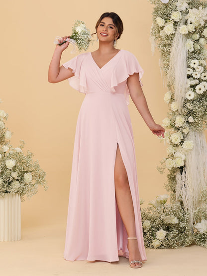 Robes de Demoiselle d'Honneur Grande Taille Ligne A/Princesse Col en V Manches Courtes Longueur Au Sol avec Fente Latérale