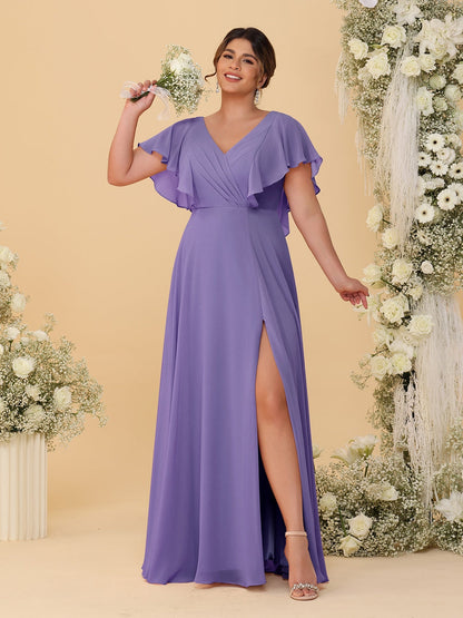 Robes de Demoiselle d'Honneur Grande Taille Ligne A/Princesse Col en V Manches Courtes Longueur Au Sol avec Fente Latérale