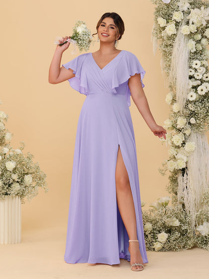 Robes de Demoiselle d'Honneur Grande Taille Ligne A/Princesse Col en V Manches Courtes Longueur Au Sol avec Fente Latérale