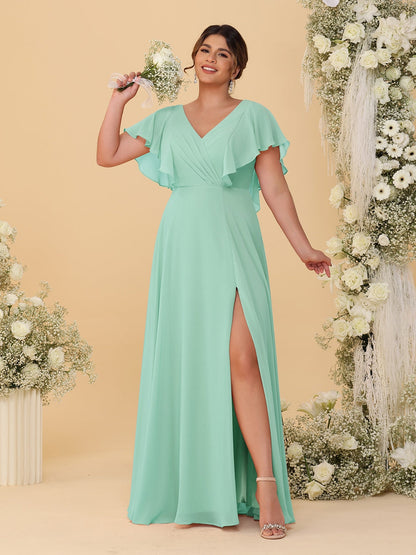 Robes de Demoiselle d'Honneur Grande Taille Ligne A/Princesse Col en V Manches Courtes Longueur Au Sol avec Fente Latérale