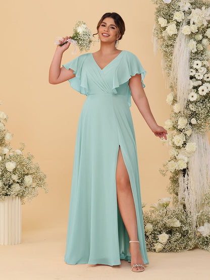 Robes de Demoiselle d'Honneur Grande Taille Ligne A/Princesse Col en V Manches Courtes Longueur Au Sol avec Fente Latérale