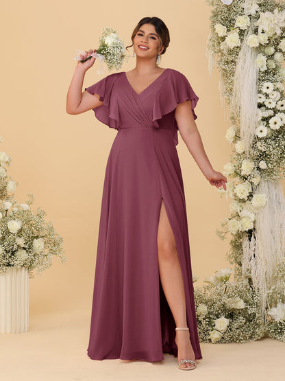 Robes de Demoiselle d'Honneur Grande Taille Ligne A/Princesse Col en V Manches Courtes Longueur Au Sol avec Fente Latérale
