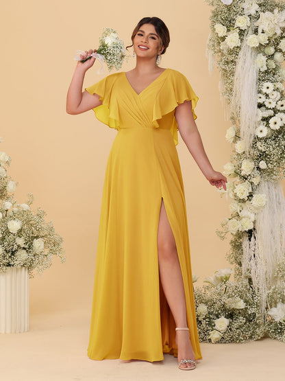 Robes de Demoiselle d'Honneur Grande Taille Ligne A/Princesse Col en V Manches Courtes Longueur Au Sol avec Fente Latérale