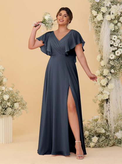 Robes de Demoiselle d'Honneur Grande Taille Ligne A/Princesse Col en V Manches Courtes Longueur Au Sol avec Fente Latérale