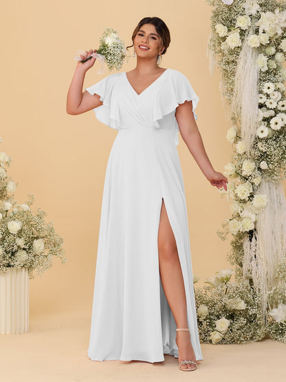 Robes de Demoiselle d'Honneur Grande Taille Ligne A/Princesse Col en V Manches Courtes Longueur Au Sol avec Fente Latérale