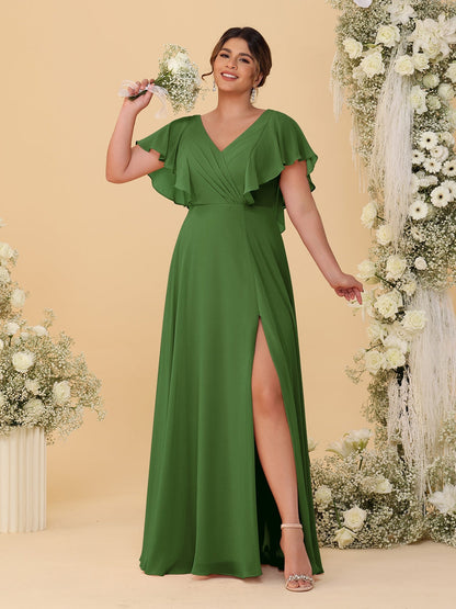 Robes de Demoiselle d'Honneur Grande Taille Ligne A/Princesse Col en V Manches Courtes Longueur Au Sol avec Fente Latérale