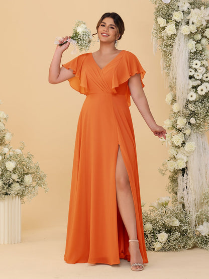 Robes de Demoiselle d'Honneur Grande Taille Ligne A/Princesse Col en V Manches Courtes Longueur Au Sol avec Fente Latérale