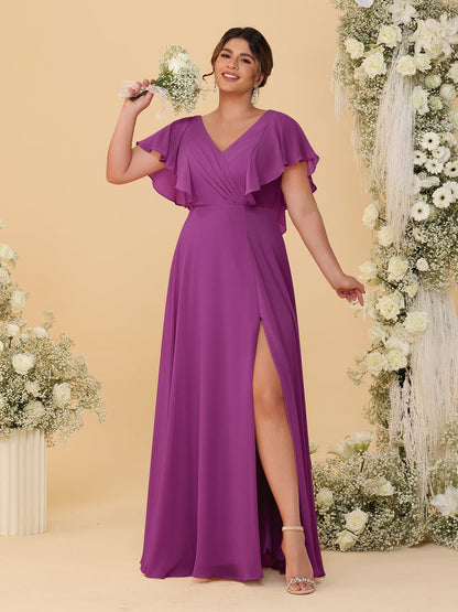 Robes de Demoiselle d'Honneur Grande Taille Ligne A/Princesse Col en V Manches Courtes Longueur Au Sol avec Fente Latérale
