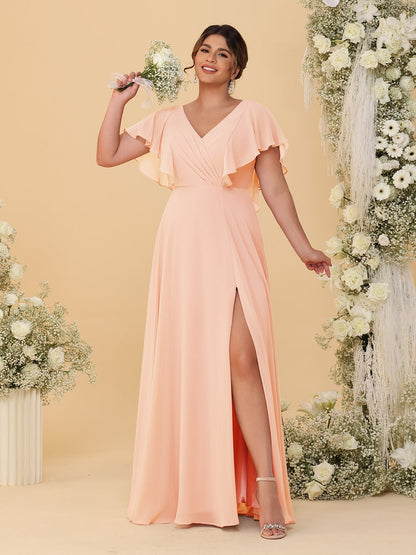 Robes de Demoiselle d'Honneur Grande Taille Ligne A/Princesse Col en V Manches Courtes Longueur Au Sol avec Fente Latérale