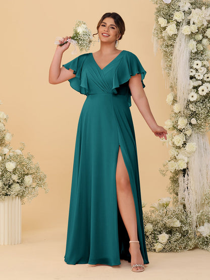 Robes de Demoiselle d'Honneur Grande Taille Ligne A/Princesse Col en V Manches Courtes Longueur Au Sol avec Fente Latérale