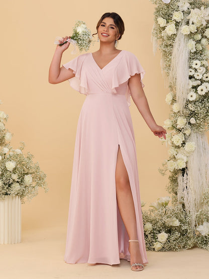 Robes de Demoiselle d'Honneur Grande Taille Ligne A/Princesse Col en V Manches Courtes Longueur Au Sol avec Fente Latérale