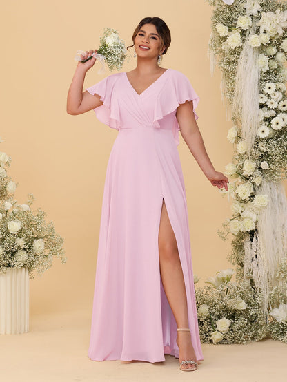 Robes de Demoiselle d'Honneur Grande Taille Ligne A/Princesse Col en V Manches Courtes Longueur Au Sol avec Fente Latérale