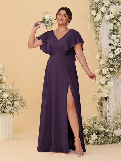 Robes de Demoiselle d'Honneur Grande Taille Ligne A/Princesse Col en V Manches Courtes Longueur Au Sol avec Fente Latérale