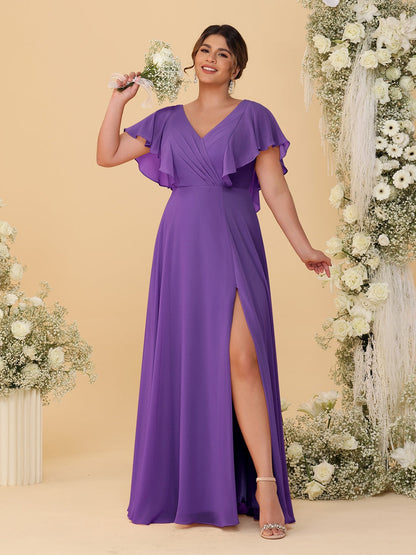 Robes de Demoiselle d'Honneur Grande Taille Ligne A/Princesse Col en V Manches Courtes Longueur Au Sol avec Fente Latérale
