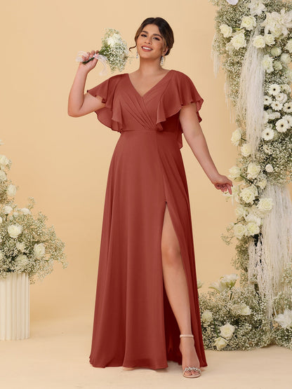Robes de Demoiselle d'Honneur Grande Taille Ligne A/Princesse Col en V Manches Courtes Longueur Au Sol avec Fente Latérale