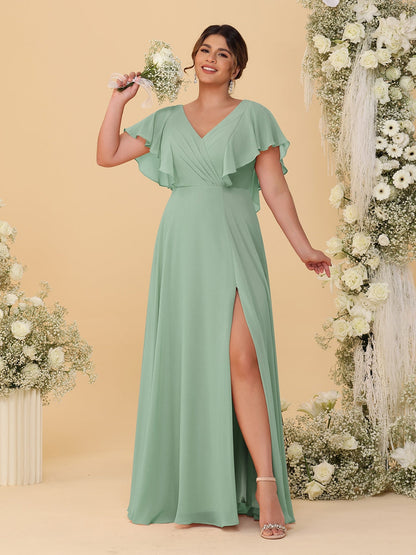 Robes de Demoiselle d'Honneur Grande Taille Ligne A/Princesse Col en V Manches Courtes Longueur Au Sol avec Fente Latérale