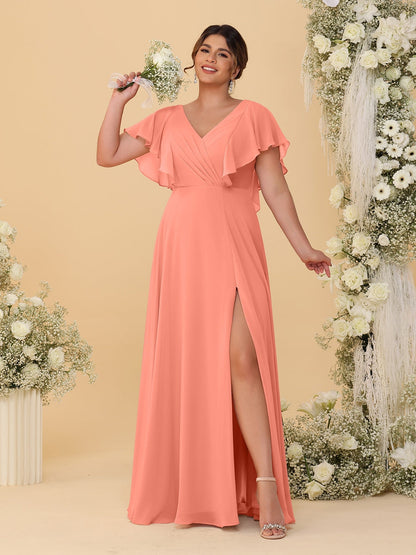 Robes de Demoiselle d'Honneur Grande Taille Ligne A/Princesse Col en V Manches Courtes Longueur Au Sol avec Fente Latérale