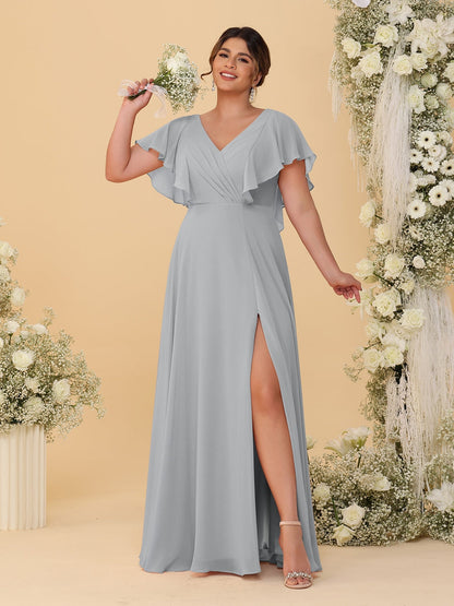 Robes de Demoiselle d'Honneur Grande Taille Ligne A/Princesse Col en V Manches Courtes Longueur Au Sol avec Fente Latérale
