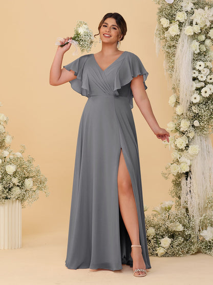 Robes de Demoiselle d'Honneur Grande Taille Ligne A/Princesse Col en V Manches Courtes Longueur Au Sol avec Fente Latérale
