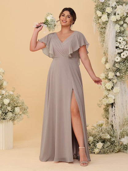 Robes de Demoiselle d'Honneur Grande Taille Ligne A/Princesse Col en V Manches Courtes Longueur Au Sol avec Fente Latérale