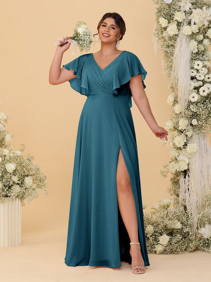 Robes de Demoiselle d'Honneur Grande Taille Ligne A/Princesse Col en V Manches Courtes Longueur Au Sol avec Fente Latérale