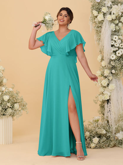 Robes de Demoiselle d'Honneur Grande Taille Ligne A/Princesse Col en V Manches Courtes Longueur Au Sol avec Fente Latérale