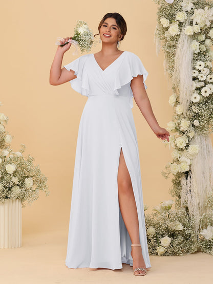 Robes de Demoiselle d'Honneur Grande Taille Ligne A/Princesse Col en V Manches Courtes Longueur Au Sol avec Fente Latérale