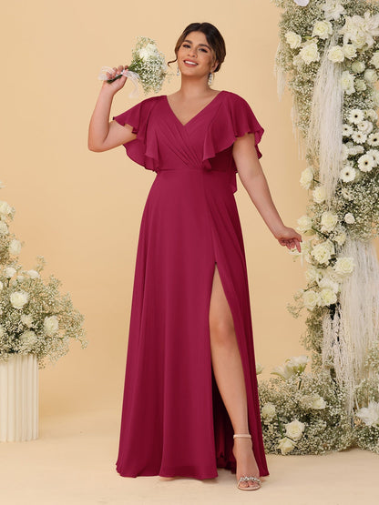 Robes de Demoiselle d'Honneur Grande Taille Ligne A/Princesse Col en V Manches Courtes Longueur Au Sol avec Fente Latérale