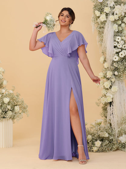 Robes de Demoiselle d'Honneur Grande Taille Ligne A/Princesse Col en V Manches Courtes Longueur Au Sol avec Fente Latérale