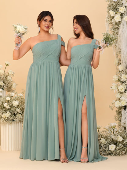 Robes de Demoiselle d'Honneur Ligne A/Princesse à Une Épaule sans Manches Longueur Sol avec Fente Latérale et Plis