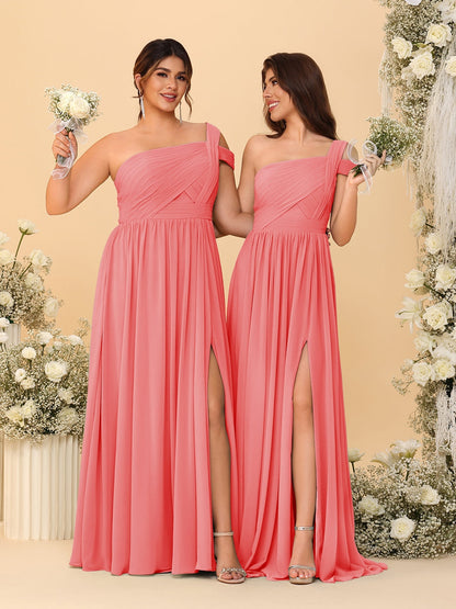 Robes de Demoiselle d'Honneur Ligne A/Princesse à Une Épaule sans Manches Longueur Sol avec Fente Latérale et Plis