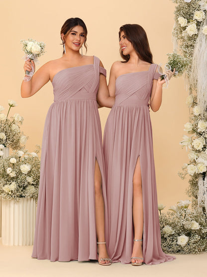Robes de Demoiselle d'Honneur Ligne A/Princesse à Une Épaule sans Manches Longueur Sol avec Fente Latérale et Plis