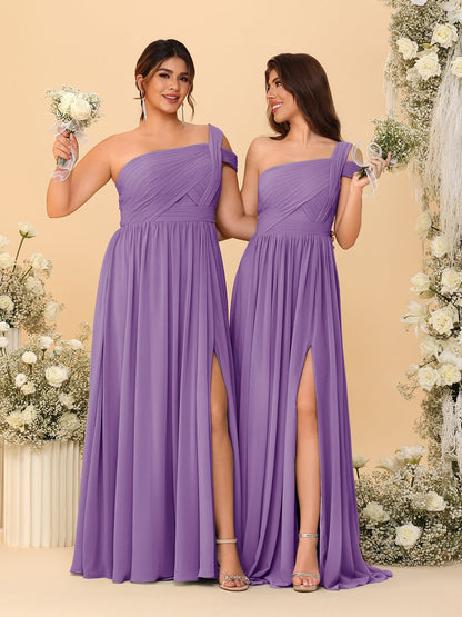 Robes de Demoiselle d'Honneur Ligne A/Princesse à Une Épaule sans Manches Longueur Sol avec Fente Latérale et Plis