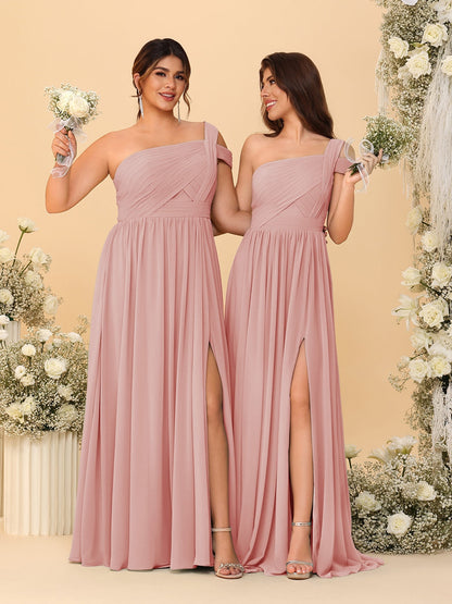 Robes de Demoiselle d'Honneur Ligne A/Princesse à Une Épaule sans Manches Longueur Sol avec Fente Latérale et Plis