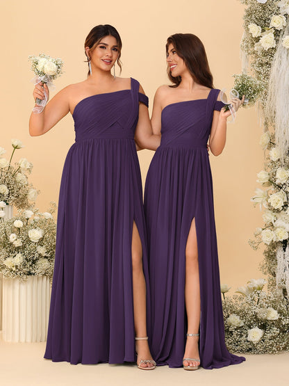 Robes de Demoiselle d'Honneur Ligne A/Princesse à Une Épaule sans Manches Longueur Sol avec Fente Latérale et Plis