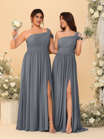 Robes de Demoiselle d'Honneur Ligne A/Princesse à Une Épaule sans Manches Longueur Sol avec Fente Latérale et Plis