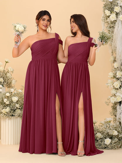 Robes de Demoiselle d'Honneur Ligne A/Princesse à Une Épaule sans Manches Longueur Sol avec Fente Latérale et Plis
