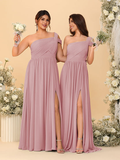 Robes de Demoiselle d'Honneur Ligne A/Princesse à Une Épaule sans Manches Longueur Sol avec Fente Latérale et Plis