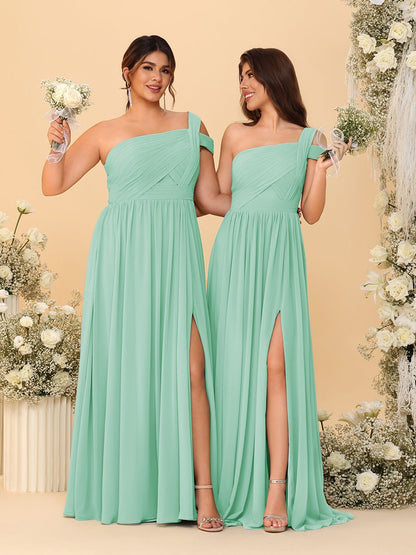 Robes de Demoiselle d'Honneur Ligne A/Princesse à Une Épaule sans Manches Longueur Sol avec Fente Latérale et Plis