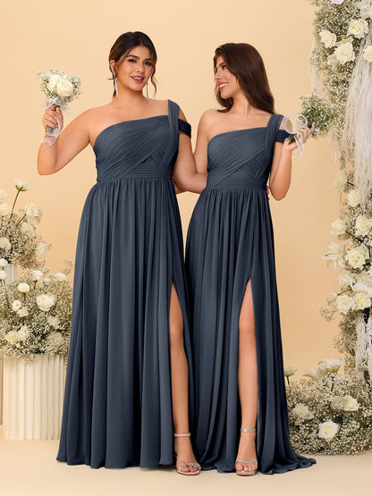 Robes de Demoiselle d'Honneur Ligne A/Princesse à Une Épaule sans Manches Longueur Sol avec Fente Latérale et Plis