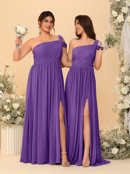Robes de Demoiselle d'Honneur Ligne A/Princesse à Une Épaule sans Manches Longueur Sol avec Fente Latérale et Plis