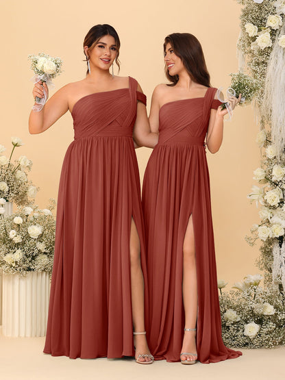 Robes de Demoiselle d'Honneur Ligne A/Princesse à Une Épaule sans Manches Longueur Sol avec Fente Latérale et Plis