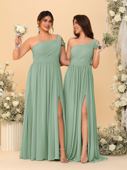 Robes de Demoiselle d'Honneur Ligne A/Princesse à Une Épaule sans Manches Longueur Sol avec Fente Latérale et Plis