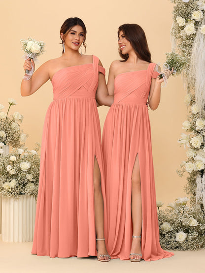 Robes de Demoiselle d'Honneur Ligne A/Princesse à Une Épaule sans Manches Longueur Sol avec Fente Latérale et Plis
