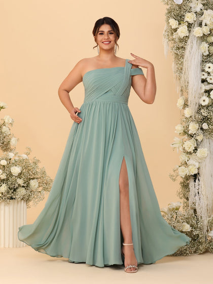 Robes de Demoiselle d'Honneur Grande Taille Ligne A/Princesse à Une Épaule sans Manches Longueur Au Sol Plissées avec Fente Latérale