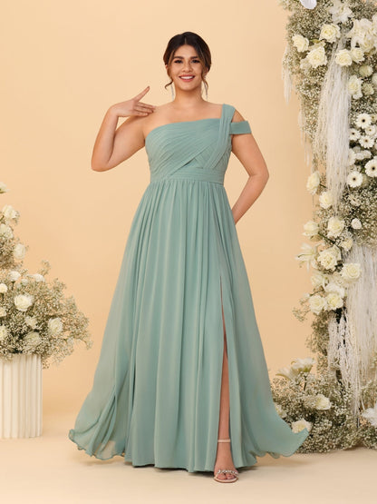 Robes de Demoiselle d'Honneur Grande Taille Ligne A/Princesse à Une Épaule sans Manches Longueur Au Sol Plissées avec Fente Latérale