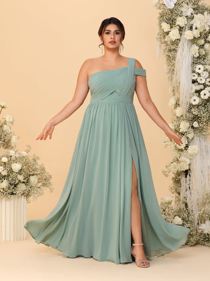 Robes de Demoiselle d'Honneur Grande Taille Ligne A/Princesse à Une Épaule sans Manches Longueur Au Sol Plissées avec Fente Latérale