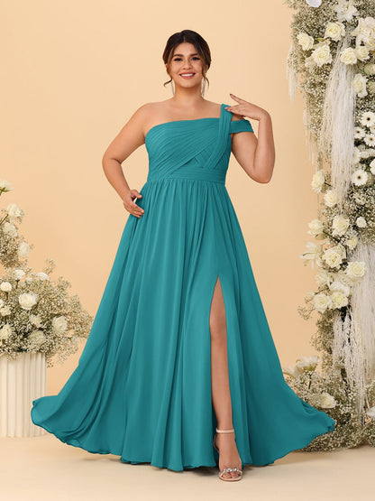 Robes de Demoiselle d'Honneur Grande Taille Ligne A/Princesse à Une Épaule sans Manches Longueur Au Sol Plissées avec Fente Latérale