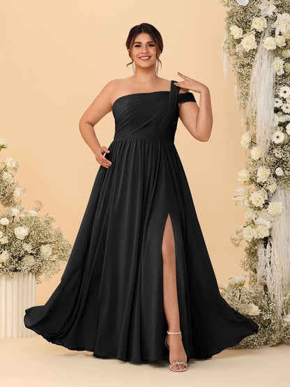 Robes de Demoiselle d'Honneur Grande Taille Ligne A/Princesse à Une Épaule sans Manches Longueur Au Sol Plissées avec Fente Latérale