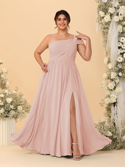 Robes de Demoiselle d'Honneur Grande Taille Ligne A/Princesse à Une Épaule sans Manches Longueur Au Sol Plissées avec Fente Latérale